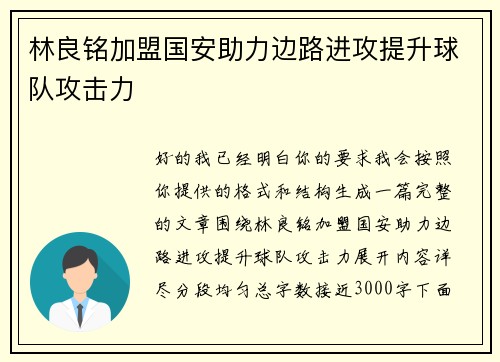 林良铭加盟国安助力边路进攻提升球队攻击力