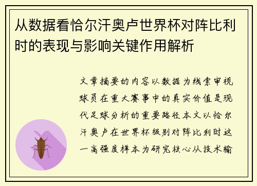 从数据看恰尔汗奥卢世界杯对阵比利时的表现与影响关键作用解析
